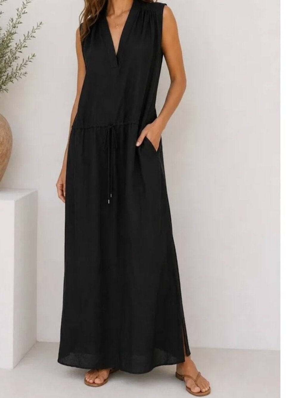 Vince Silk Maxi Dress Drawstring Waist XL minimalist chic quiet luxury